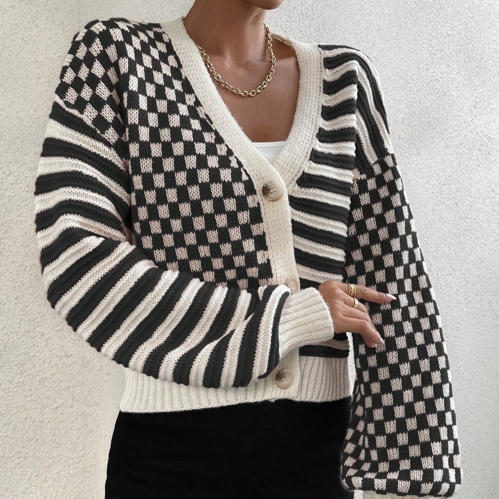 Striped & Checker Pattern Lantern Sleeve Drop Shoulder Cardigan - Picture 3 of 5